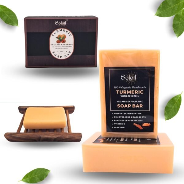 Pack of 2 - Organic Turmeric Face and Body Soap Bar, Vitamin C, Palm Oil, Olive Oil, Turmeric Oil, Turmeric Powder, with 1 Bamboo Wooden Soap Dish Tray - Birthday, Housewarming, Wedding Gift