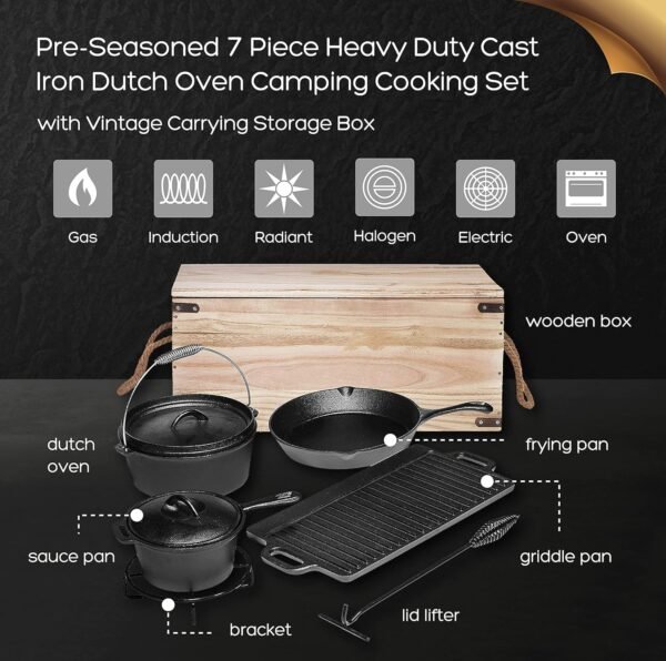 Bruntmor Camping Cooking Set Of 7. Pre Seasoned Cast Iron Pots And Pans Dutch Oven With Lids For Outdoor Comefire. Grill Cookware Skillet Sets With Storage Box - Image 2