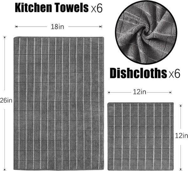 Microfiber Kitchen Towels and Dishcloths Set, 26 X 18 Inch and 12 X 12 Inch, Set of 12 Bulk Lint Free Dish Towels for Drying Dishes, Grey - Image 2