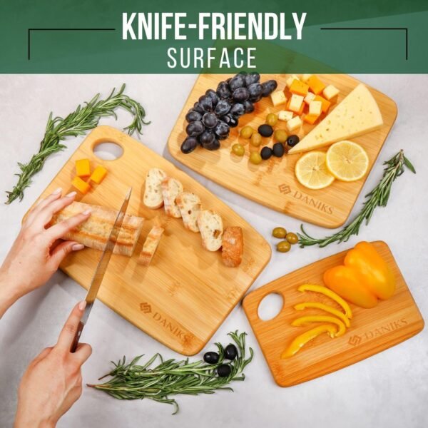 Daniks 100% Organic Bamboo Cutting Board Set of 3 for Kitchen | Heavy Duty Wood Chopping Board | Extra-Thick Cutting Board for Serving, Meat and Veggies (S, M, L) - Image 5