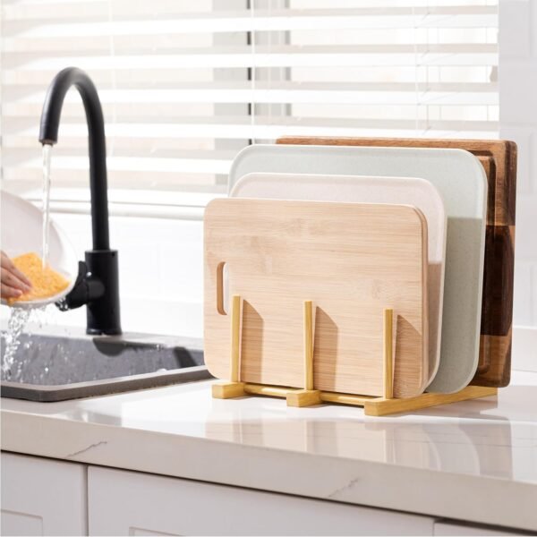 HBlife Bamboo Cutting Board Organizer, Wooden Cutting Board Holder Rack Baking Cookie Pan Sheets Racks Storage Stand for Kitchen Cabinet Countertop Bakeware Organizer (Bamboo 5 Slots 2pcs) - Image 5