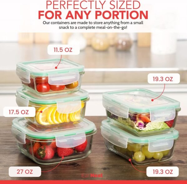 EatNeat Set of 5 Glass Food Storage Containers with Airtight Snap Locking Lids - Oven, Microwave & Dishwasher Safe - Freshness Sealed Stackable Meal Prep for Home, Office, Travel & Outdoor - BPA-Free - Image 5