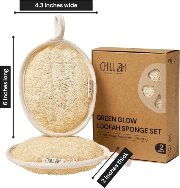 Chill Ah Green Glow All Natural Exfoliator Dual Sided Loofah Bath Sponge Set – 100% Plant-Based, dye-Free, Biodegradable, Scratch-Free, Handcrafted in Vietnam (2-Pack) - Image 8