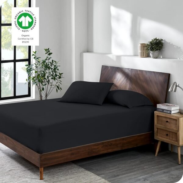 Bare Home 100% Organic Cotton Jersey Fitted Sheet - Queen Size - Ultra Soft - Deep Pocket Fitted Sheet - 100% Cotton - Ring Spun Yarns (Queen, Black) - Image 6