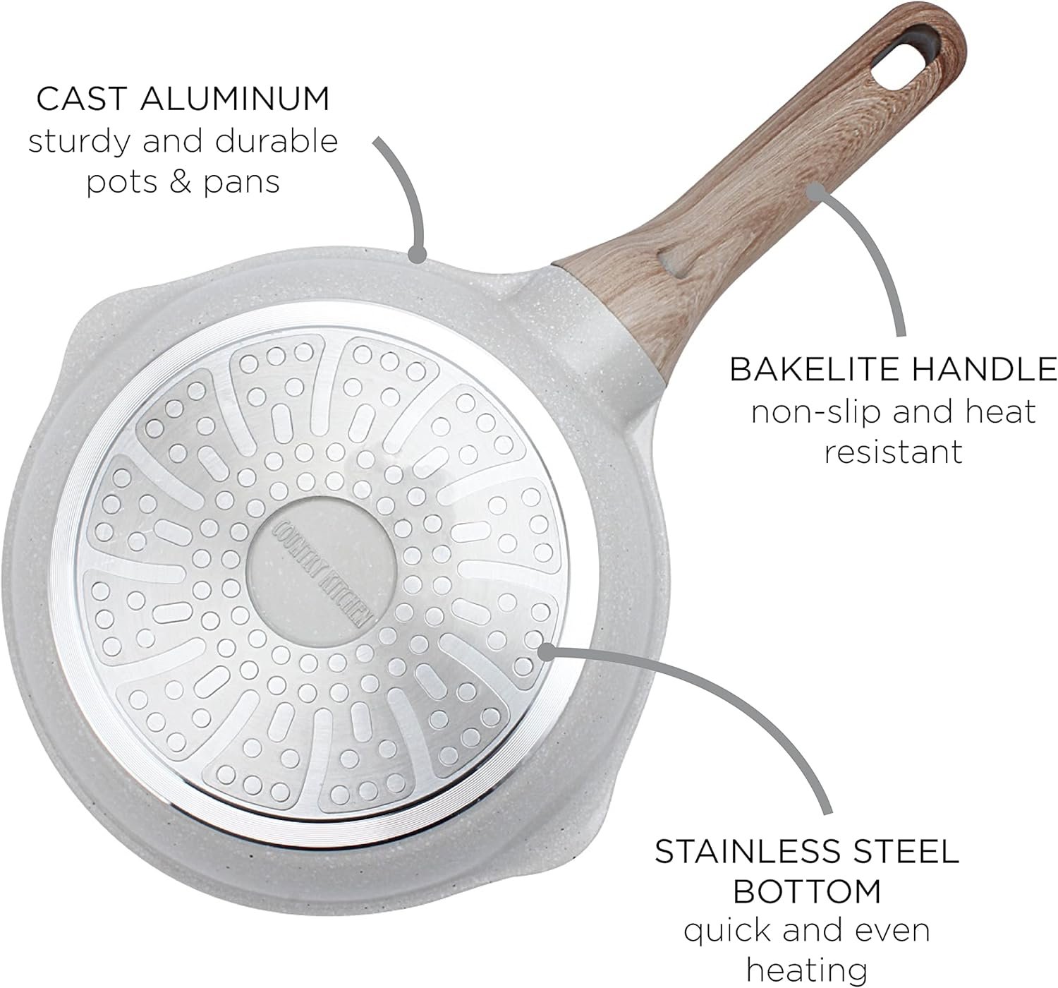 Country Kitchen Non-Stick Cast Aluminum Cookware Set - Durable Kitchen Cookware for Everyday Cooking, Cream, 11 Pc. - Image 9