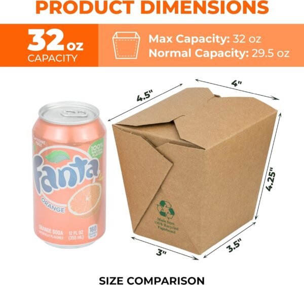 Fit Meal Prep 50 Pack 32 oz Chinese Take Out Boxes - 4.5x4” Plain Kraft Paperboard Food Containers, Leak and Grease Resistant Quart Size Asian Rectangle To Go Boxes, Candy Buffet Box and Party Favors - Image 2