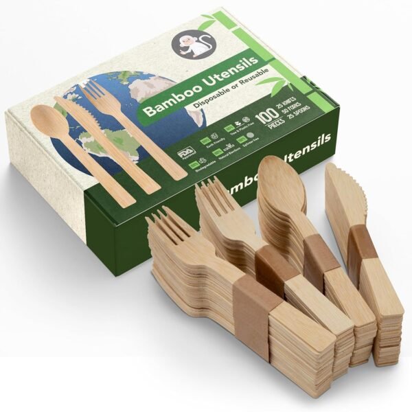 Bamboo Utensils Disposable Cutlery set - Or Reuse, Pack of 100 - Durable for Picnic - 50 Forks, 25 Spoons, and 25 Knives - Camping Products and Party Eating Supplies, Wooden Utensils - Image 8