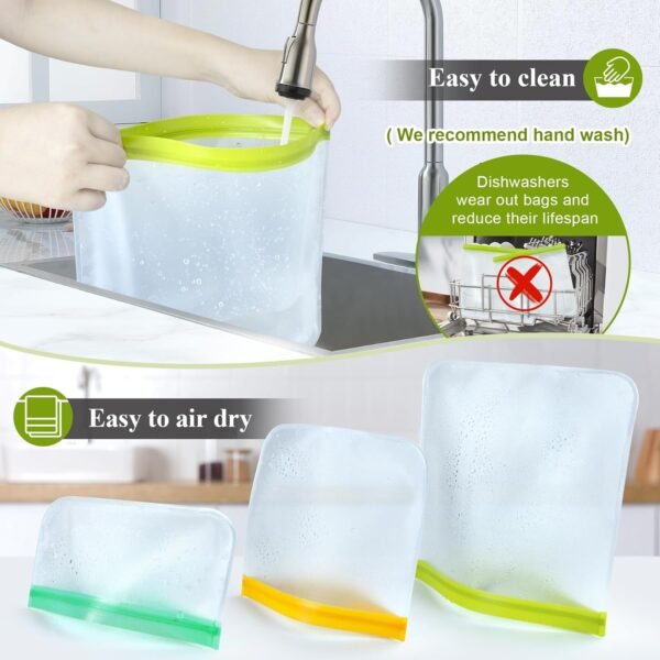 8 Pack Silicone Bags Reusable Storage Silicone Ziplock Bags-3 Reusable Gallon Freezer bags 3 Reusable Sandwich Bags 2 Reusable Snack Bags, Leakproof Reusable Food Storage Bags Containers for Home Work - Image 3