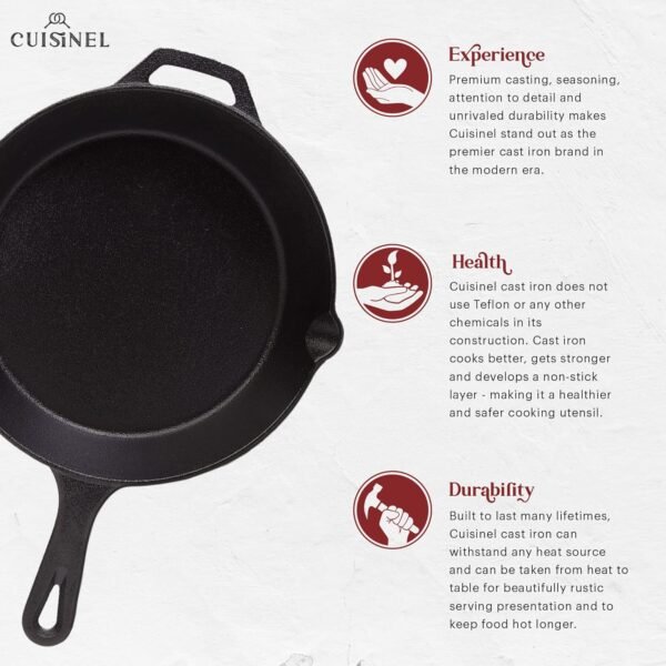 Cuisinel Cast Iron Skillet Set - 3-Piece: 6" + 8" + 10"-Inch Chef Frying Pans - Pre-Seasoned Oven Safe Cookware + 3 Heat-Resistant Handle Covers - Indoor/Outdoor Use - Grill, Stovetop, BBQ, Fire Safe - Image 2