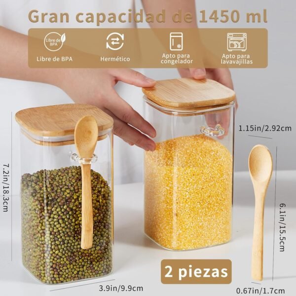 Unbreakable Glass Jars with Airtight Bamboo Lid and Spoon, 4Pcs 49OZ Glass Kitchen Canisters, Overnight Oats Containers, Glass Food Storage Containers for Coffee Beans, Flour, Sugar, Cookie,Pasta - Image 2