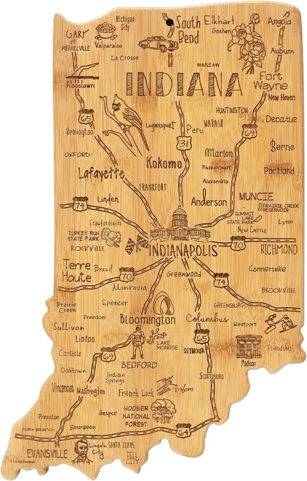 Totally Bamboo Destination Indiana State Shaped Serving and Cutting Board, Includes Hang Tie for Wall Display