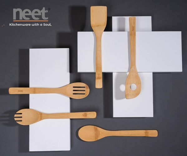 Neet Wooden Spoons For Cooking 6 Piece Organic Bamboo Utensil Set With Holder Wood Kitchen Utensils Spatula Spoon For High Heat Stirring In Nonstick Pots & Pans Quality Gift & Everyday Use - Image 7