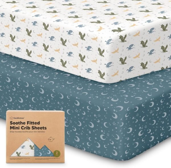 2-Pack Mini Crib Sheets Fitted, Pack and Play Sheets - Organic Cotton Pack N Play Sheets for Pack and Play Mattress, Playard Baby Crib Sheets, Jersey Crib Sheets Neutral for Boys, Girls (Dragon Tale)