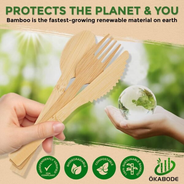 Disposable Bamboo Utensils, 100 Pack | 100% Bamboo Cutlery NOT Wooden Cutlery | Eco-Friendly Compostable Cutlery | 100% Biodegradable Utensils | 50 Bamboo forks, 25 Knives, 25 Spoons - Image 6
