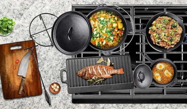 Bruntmor Camping Cooking Set Of 7. Pre Seasoned Cast Iron Pots And Pans Dutch Oven With Lids For Outdoor Comefire. Grill Cookware Skillet Sets With Storage Box - Image 4