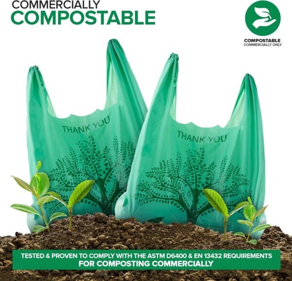 Stock Your Home 100 Pack Thank You Bags Disposable Eco Grocery T-Shirt Bag with Handles for Supermarket, Groceries, Produce, Shopping, Trash, Small Commercially Compostable Baggies Bulk - Image 4