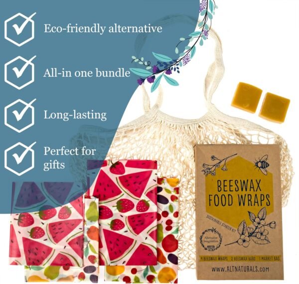 Beeswax Wrap Kit: Reusable Food Grade Beeswax Wraps for Food, Snacks, Sandwich, Eco Friendly Kitchen Storage - Includes 2 Wraps, 2 Beeswax Bars and Reusable Cotton Mesh Market Bag - Cute Fruit Themes - Image 2