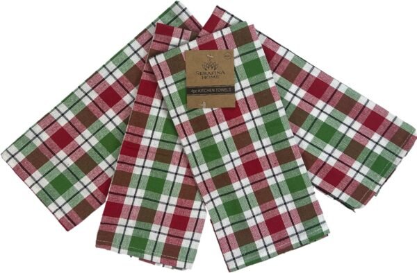 Holiday Christmas Kitchen Dish Hand Towels: Traditional Tartan Design, Red Green White, 100% Cotton 15" x 25" for Hands, Dishes or Home Decor, 4 Pc Set