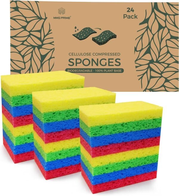 Cellulose Sponges – 24-Pack Multicolored Compressed Sponges – Natural Sponges for Kitchen – Biodegradable Sponges for Cleaning, Dishes, DIY Cutouts – Non-Scratch and Quick-Dry