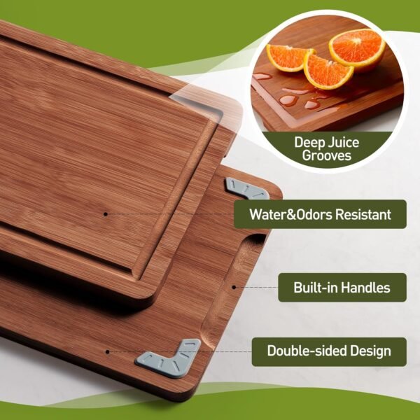 3 Packs Bamboo Cutting Board Set with Non Slip Feet and Over Sink Nice Solid Thick Wood Juice Groove Chopping Board Extra Large Big Small Best Hardwood Kitchen Counter Organic Vegetable Meat BBQ Kit - Image 4