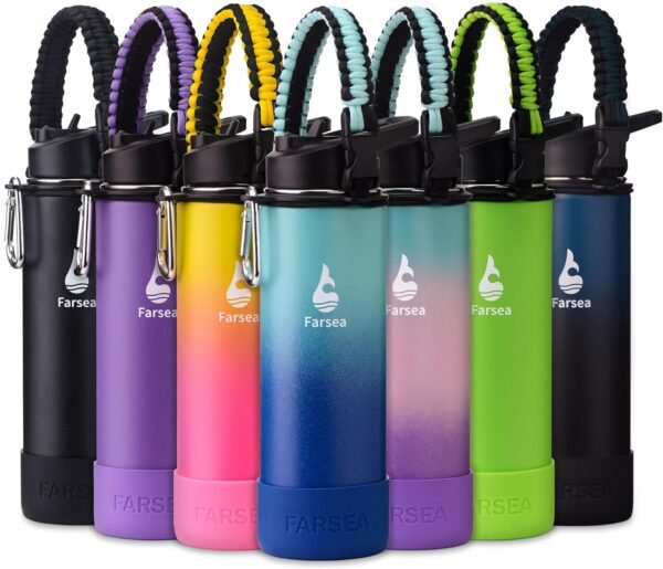 Farsea Insulated Water Bottle With Paracord Handle, Protective Silicone Boot and 2 Lids (Straw Lid & Spout Lid), Stainless Steel Water Bottle Wide Mouth, Double Wall Sweat-Proof BPA-Free(Ocean, 24oz)