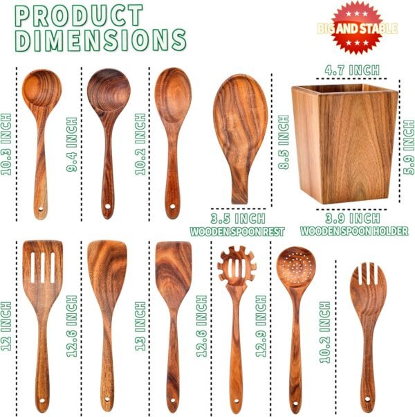Wooden Spoons for Cooking, Acacia Wood Cooking Utensils Set – 11 Piece Wooden Kitchen Tools with Holder, Spoon Rest, Nonstick Cookware Safe by HOWHONG - Image 2