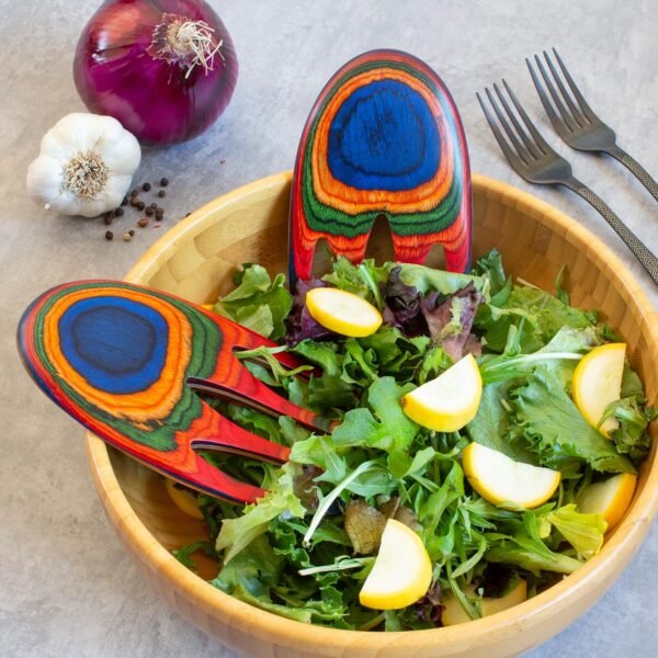 Baltique Marrakesh Collection Salad Hands Serving Utensil Set, Colorful Wooden Salad Servers - Image 2