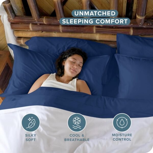 Bare Home 100% Rayon Made from Bamboo Luxury Queen Sheet Set - 4 Piece Bedding Set - Deep Pockets - Cooling Sheets - Breathable - Easy Fit - Soft Bedding Sheets & Pillowcases (Queen, Dark Blue) - Image 2