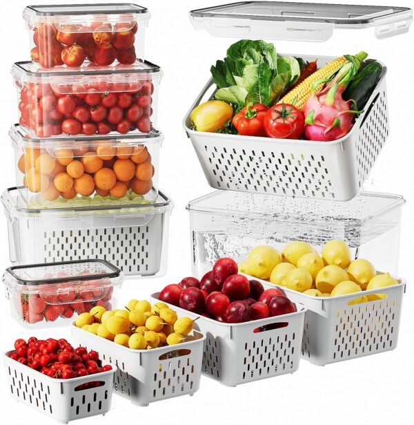 6 PCS Large Fruit Storage Containers for Fridge, Airtight Food Storage Containers with Removable Colander, Dishwasher & Microwave Safe, Berries Containers Keep Vegetables, Fruits Fresh Longer