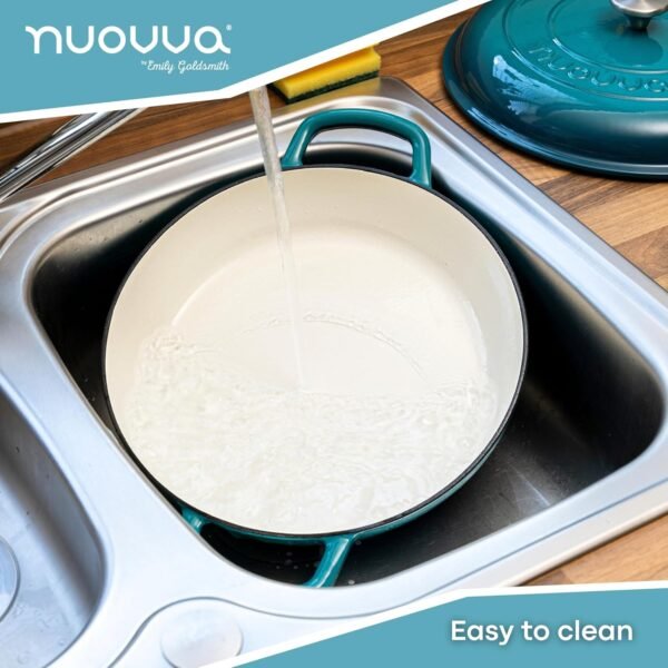 Shallow Cast Iron Casserole with Lid – Non Stick Dutch Oven Pot, Oven Safe up to 500° F – Sturdy Ovenproof Stockpot Cookware – Enamelled Cooking Pot – Teal, 5-Quart, 32cm – by Nuovva - Image 5