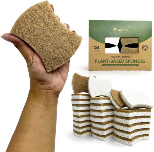 Biodegradable Natural Kitchen Sponges Pack of 24 - Cellulose and Coconut Kitchen Scrubber Dishwashing Sponges - Eco Friendly Non-Scratch Heavy Duty Kitchen Sponges and Scrubbers for Dishes