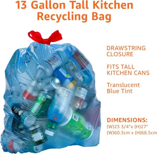 Amazon Basics Blue Recycling Trash Bags, Unscented, 13 Gallon, 60 count, Pack of 1 - Image 3