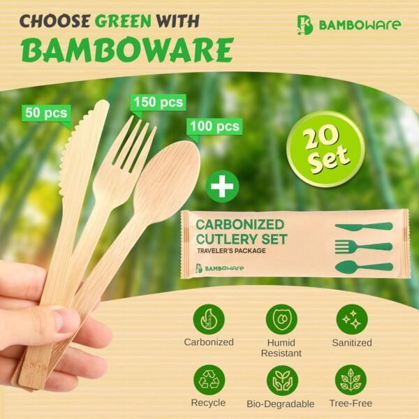 100% Bamboo Utensils - 360PCS Combo Pack Carbonized Disposable Cutlery Biodegradable and Sanitized - Heavy Duty & Fully Functional - Image 2