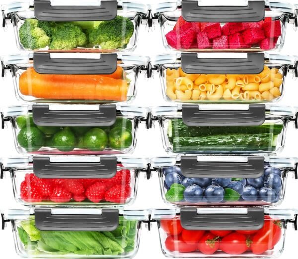Skroam 10 Pack Glass Meal Prep Containers, Glass Airtight Food Storage Containers with Lids, Pantry Kitchen Storage Containers for Lunch, Food Storage, Meal Prep, Glass Lunch Bento Boxes - 22 OZ