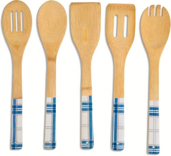 5 Piece Bamboo Kitchen Utensil Set - Includes Spoon, Slotted Spoon, Spork, Spatula and Solid Turner - Farmer's Plaid
