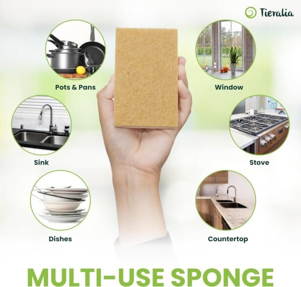 Tieralia Plant-Based Sponges - 12 Pack - 100% Compostable, Non-Scratch, Odor-Free - Made from Wood Cellulose & Sisal for Kitchen Cleaning - Image 6
