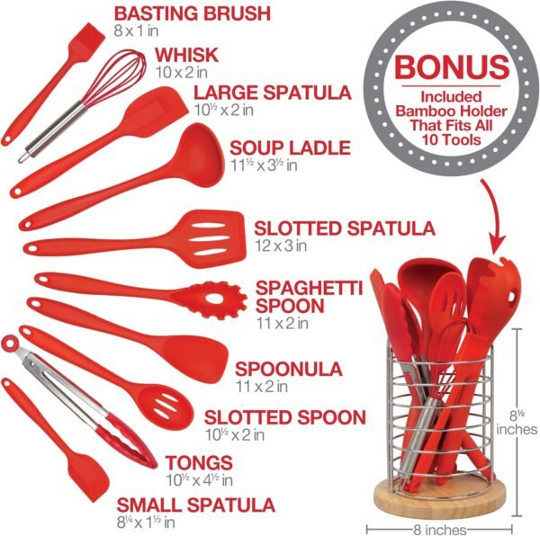Silicone Kitchen Cooking Utensils w Bamboo Holder- 10 Pc Gourmet Non-Stick, Heat Resistant, Premium Kitchen Tools Set- Spatula, Spoon, Slotted Spoon, Tongs, Basting Brush, Whisk, Ladle- Christmas - Image 2