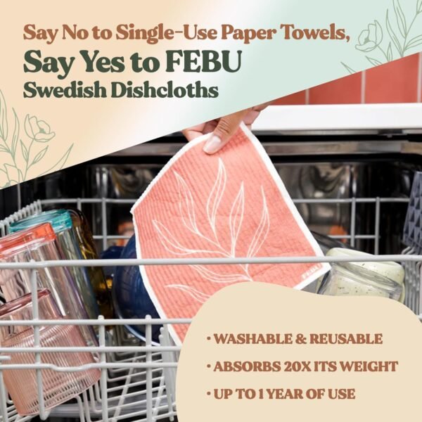 FEBU Swedish Dishcloths for Kitchen | 5 Pack Watercolor Dish Towels | Reusable Paper Towels Washable | Non-Scratch Cellulose Sponge Cloths | No Odor, Biodegradable, Swedish Cloths - Image 3
