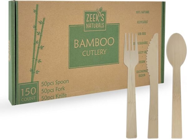 Disposable Bamboo Cutlery Sets - 150 Piece Total: 50 Forks, 50 Spoons, 50 Knives, 6 Inch Length Ecological Biodegradable Compostable Bamboo Utensils Bamboo Cutlery
