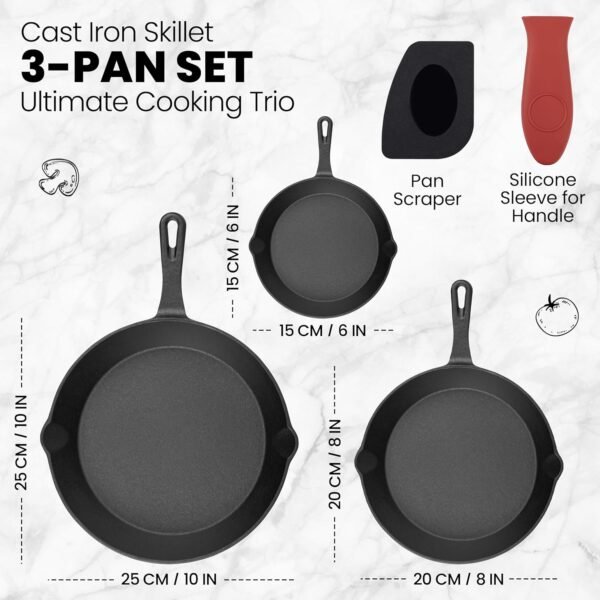 Cast Iron Skillets - 3 Pan Cast Iron Set (6",8",10" Inch) With Handle Cover & Scraper, Pre-Seasoned Saute Fry Oven Safe Cookware For Home & Outdoor Cooking & Frying On Stove, Grill & Campfire - Image 2