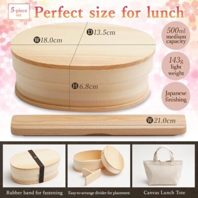 SEIDO Magewappa Lunch Box, Wappa, Japanese Finish, Natural Wood, Wooden Chopsticks, Canvas Lunch Bag, Elastic Band Set, 500mL
