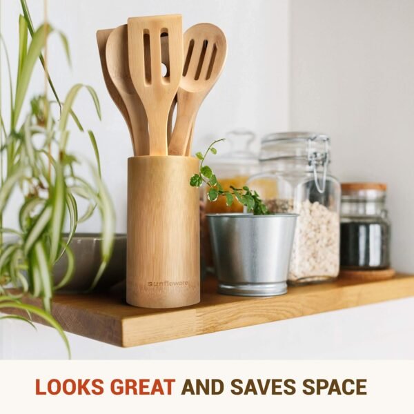 Wooden Bamboo Cooking Utensils Set - 8pcs Kitchen Utensil Set with Holder - Wooden Spoons for Cooking & Nonstick Cookware - Easy to Clean - Great Gift for Friends & Family - Image 7