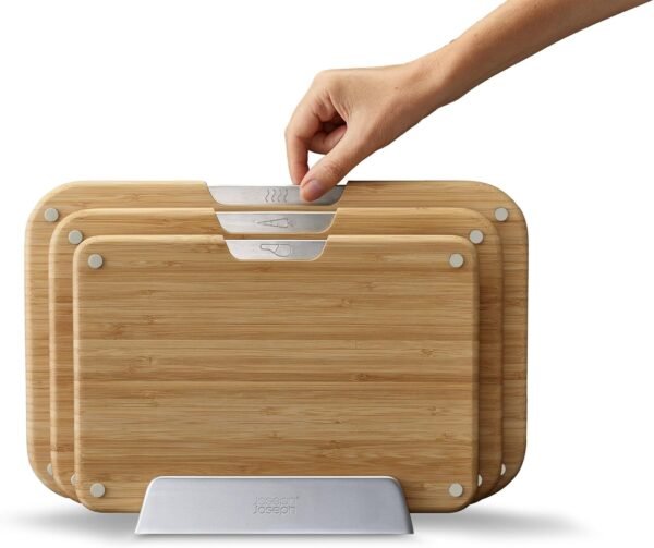 Joseph Joseph Nest™ Boards 3-Piece Bamboo Cutting Board Set, Double-Sided, Non-Slip Feet, Stainless-Steel Tabs, Food Icons, Metal Stand - Image 2