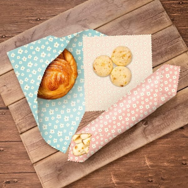 Akeeko Reusable Beeswax Food Wraps - Assorted 3 Packs, Reusable, Plastic-Free Food Storage, 1 Small, 1 Medium, 1 Large Wraps, Pale Pink and Light Blue Pattern - Image 4
