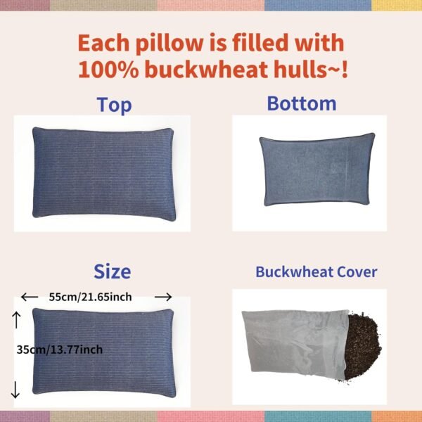 Buckwheat Pillow for Sleeping-Breathable for Cool Sleep,Cervical Support for Back and Side Sleepers(Organic Buckwheat Hulls),Korean Style,Standard Size 22"x14"(1pc).Navy Blue Color - Image 5