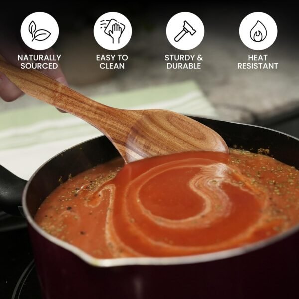 Zulay Kitchen Premium Large Teak Wooden Spoon For Cooking - Durable Wooden Cooking Utensil, Perfect Wooden Kitchen Utensil Set Addition, Smooth Finish Natural Teak Spoon, Non-Stick Wooden Spoon - Image 4