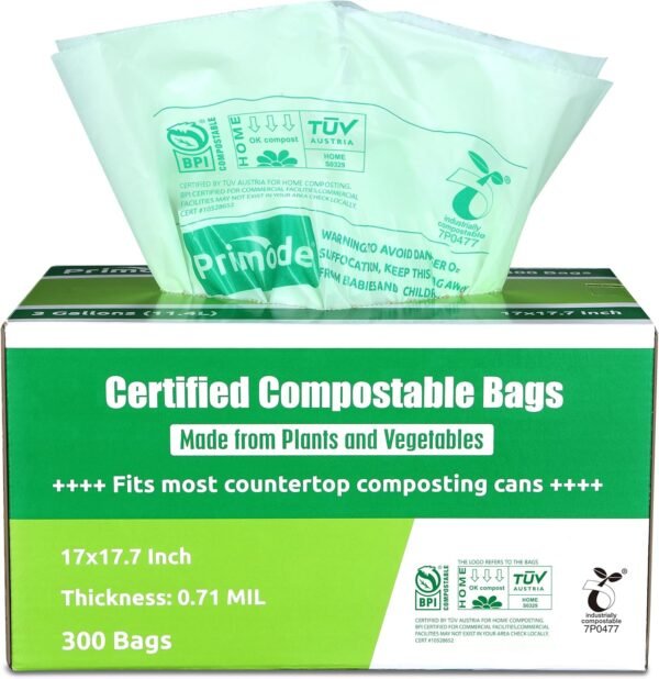 Primode Compostable Trash Bags, Food Scraps Yard Waste Bags,Extra Thick 0.71 Mil. ASTMD6400 Compost Bags Small Kitchen Bin Bags, Certified By BPI and TÜV AUSTRIA (3 Gallon)