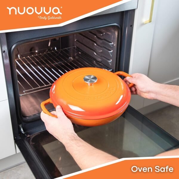 Cast Iron Dutch Oven with Lid – Non Stick Shallow Dutch Oven Pot, Oven Safe up to 500° F – Sturdy Cooking Pot – Enamelled Stockpot Cookware – Orange, 3.7-Quart, 30cm – by Nuovva - Image 3