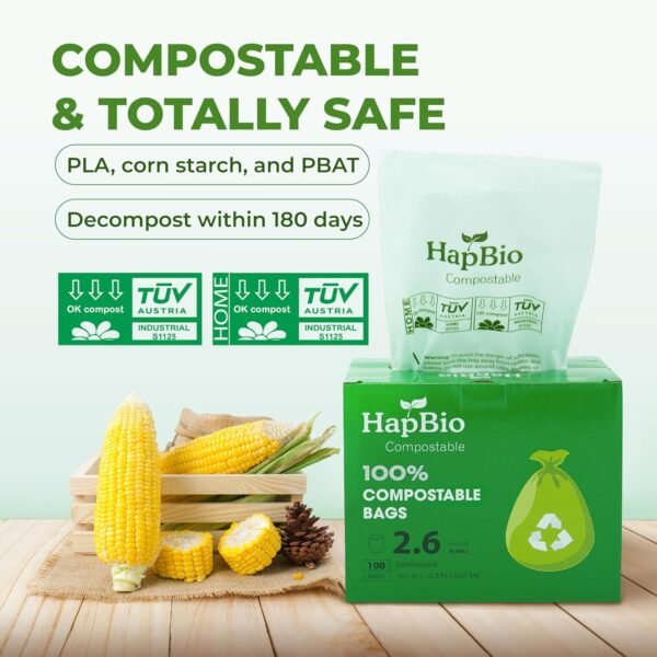 HAPBIO 2.6 Gallon Compostable Trash Bags, 100 Count/Roll, 0.67 Mils, Pack 1, Unscented, Small Trash Bags, BPI OK Compost Home, Recycle Food Scrap Waste Bags for Countertop Bin, Kitchen - Image 2