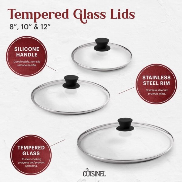 Cuisinel Cast Iron Skillets Set + Glass Lids - 8"+10"+12"-Inch Frying Pans + Silicone Handle Holder Covers - Pre-Seasoned Oven Cookware - Use Indoor/Outdoor, Grill, Stovetop, Camping Fire, Oven - Image 3